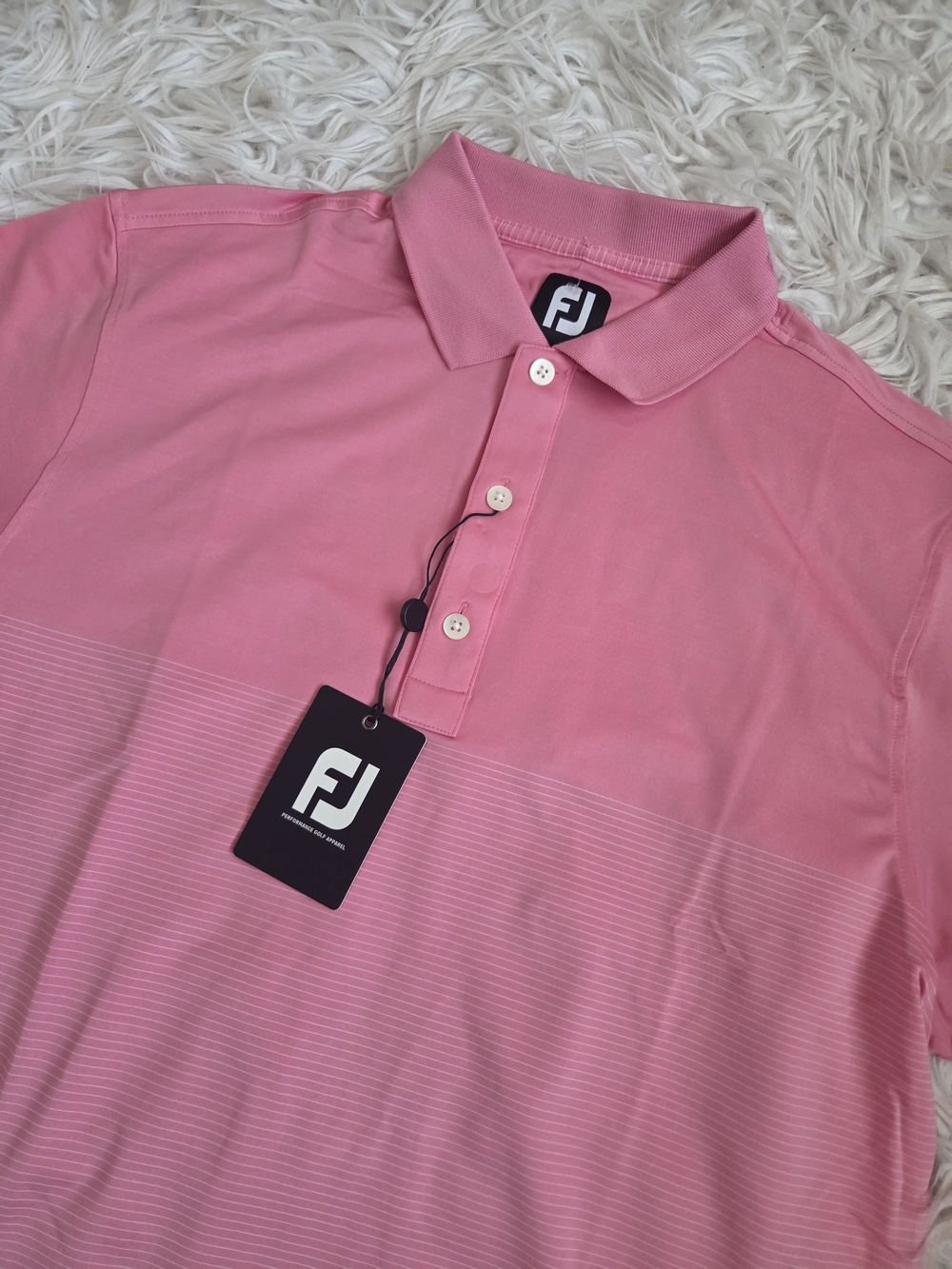 FootJoy Engineered Pin Stripe Lisle Golf Polo - Azalea/White  Size M, NWT
